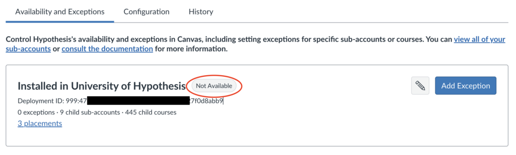 Image showing the root deployment set to not available